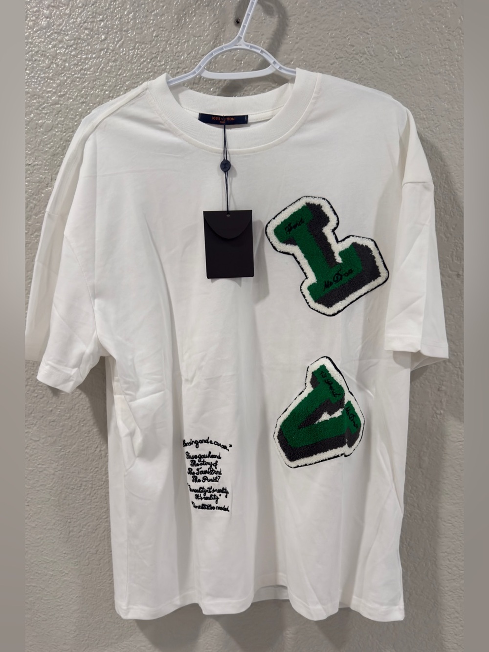 Louis Vuitton White Short-Sleeve Tee with Green & Black Appliqué